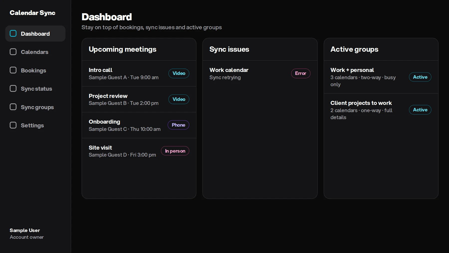 Calendar sync and bookings dashboard, shown with sample data
