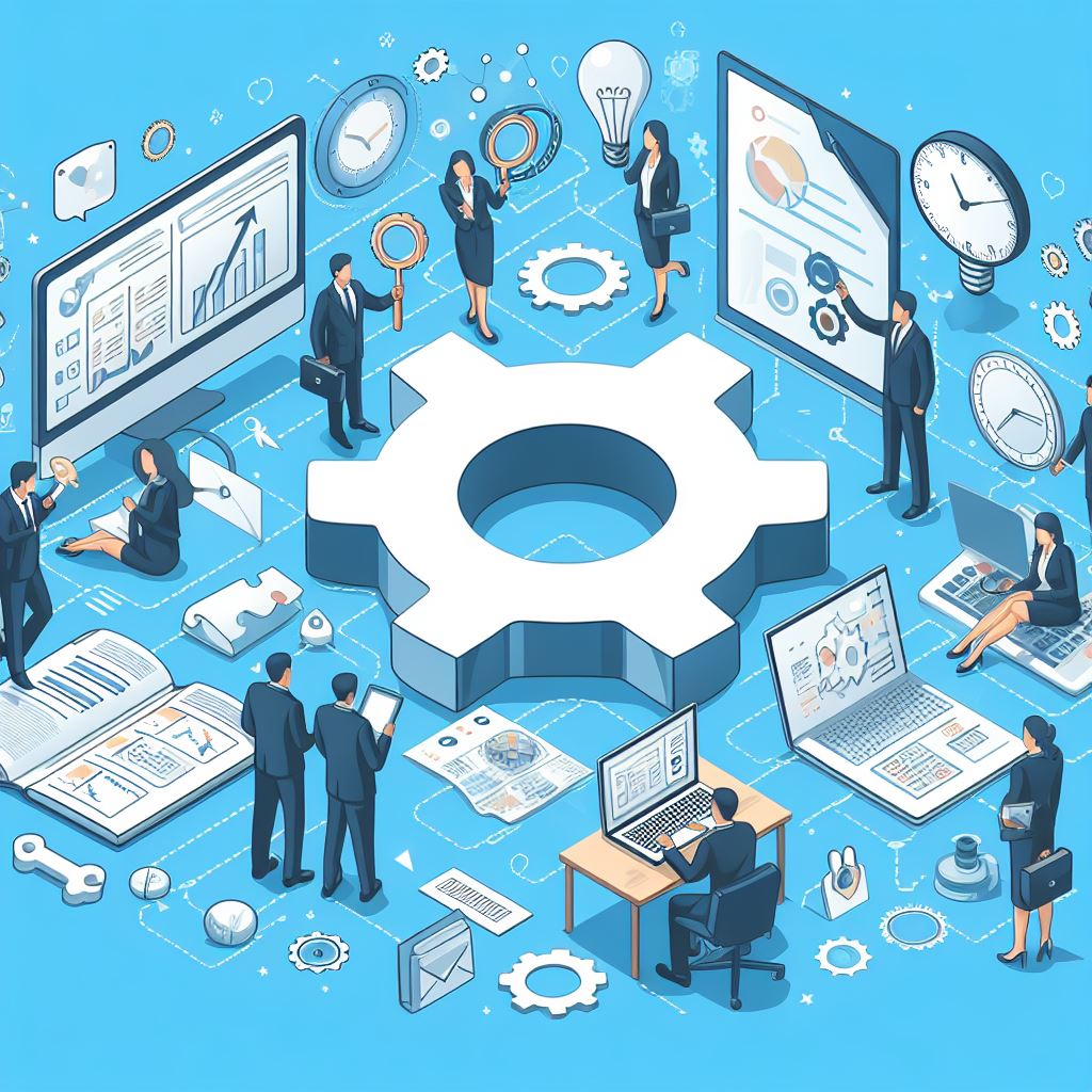 computer cogs surrounded by images of people using computers and graphs on screens