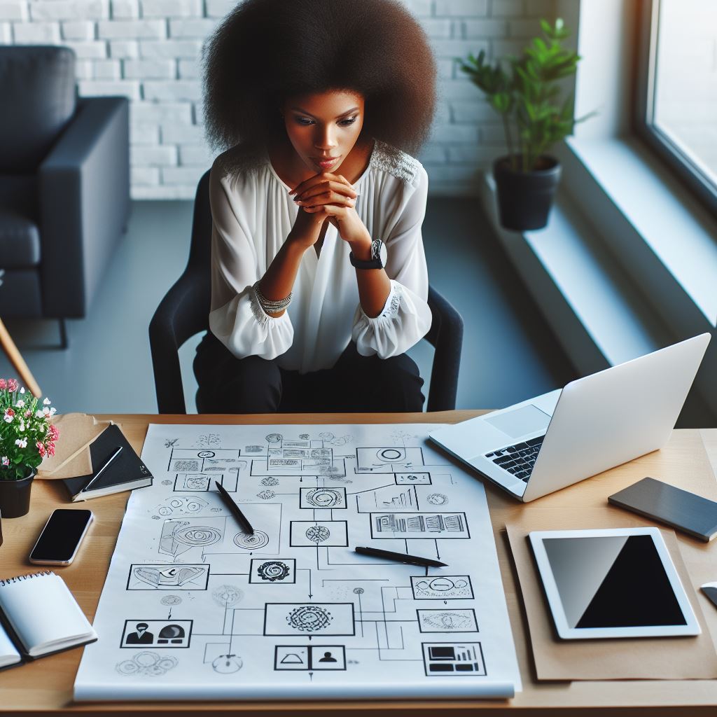 woman with a large sketching pad, laptop, and tablet on a desk
