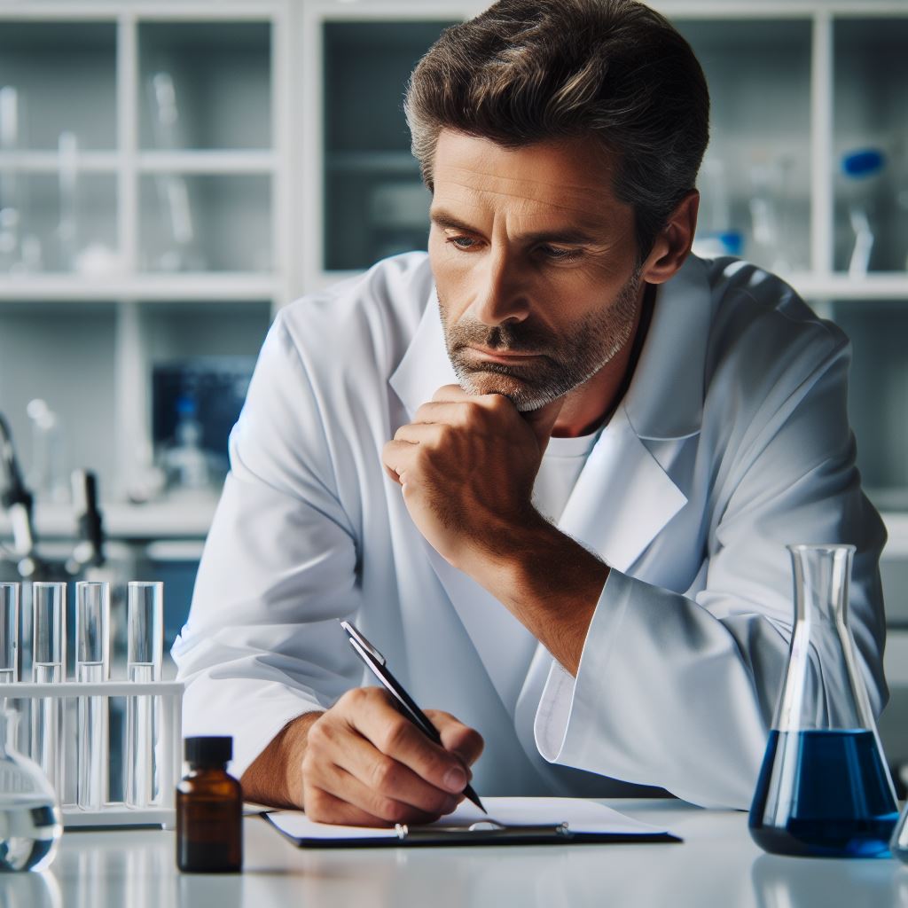 scientist thinking and writing with a pad and paper with test tubes and beakers on the desk
